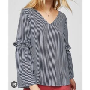 Loft XL navy & white striped blouse. Ruffle & bell sleeves. EUC.